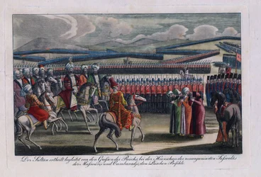 ""Den osmanske sultanen Selim III (1761-1808) granskar sitt nya infanteri"" Anonym gravyr 1806 Privat samling