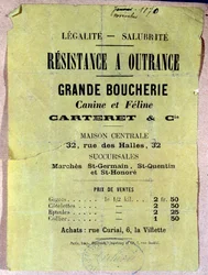 Legalite - Sanering. Motstånd mot Outrance. Bra slaktare för hundar och katter... Affisch som visar priset på hund- och kattkött för invånarna i Paris under belägringen under kommunen 1870.