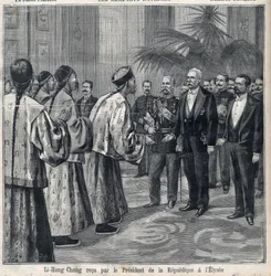 Li Hongzhang mottogs av republikens president Felix Faure (1841-1899) i Elyseepalatset. Gravyr i "Le Petite Parisien""