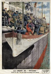Livbåtsövning ombord på en liner, efter att RMS Titanic sjunkit, den 15 april 1912, Illustration från den franska tidningen Le petit Journal, 2 juni