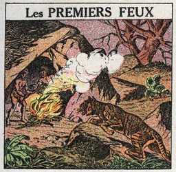Ljuskällor: förhistoriska mäns första bränder. Anonym illustration från 1925. Privat samling.