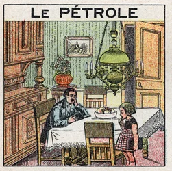 Ljuskällor: användning av oljelampan. Anonym illustration från 1925. Privat samling.
