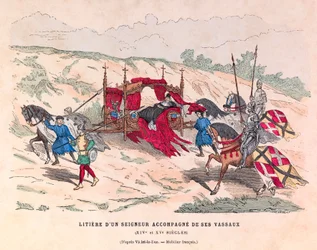 Litiere av en herre åtföljd av hans vasaller på 1400-talet - En adelsmans kull åtföljd av hans vasaller 1400-talet - privat samling