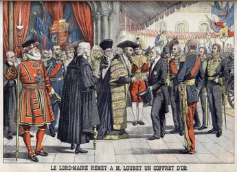 London, Storbritannien. Sir Marcus Samuel ger president Emile Loubet en guldask efter mottagningen i Guildhall. Le petit Journal, juli 1903.
