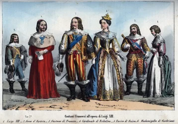 Ludvig XIII - Anne av Österrike (1601-1666) (Anne av Österrike) - Gaston av Frankrike (Gaston, hertig av Orleans) - Armand Jean du Plessis, kardinal de Richelieu - Henri II de Guise (Henry II, hertig av Guise) - Anne-Marie Budes de Guebriant - gravyr från 
