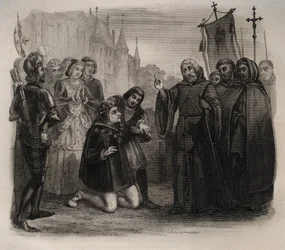 Ludvig XI (1423-1483) ber om hans guerison till Francois de Paule (1416-1507) Gravyr från 1846 i "De heligas liv"". Privat samling.