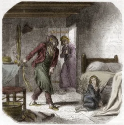 Ludvig XVII (1785-1795) vid templet, med sin geolier skomakaren Antoine Simon - Gravyr i "Histoire des Girondins"" av Alphonse de Lamartine (1790-1869) 1865-1866 - Privat samling