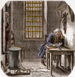 Ludvig XVI (1754-93) Läser sin sista testamente och testamente i templet 1792 - Ludvig XVI läser sitt testamente i templets torn den 25 december 1792 - Gravyr i "Histoire des Girondins" av Alphonse de Lamartine (1790-1869) 1865-1866 - Privata samlingar