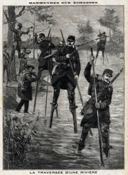 Manövrar på echasse: den franska militärens korsning av en flod till Mont de Marsan (Mont-de-Marsan) guidad av Landes echassiers för att upprätta en telegraflinje. Gravyr. I "" Le Petro Parisien"", den 17/12/1899. Privat samling.