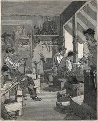 Tillverkning av kammar i en verkstad i Frankrike på 1800-talet. Gravyr från 1885 i "" Les arts et metiers illustres"" av Adolphe BITARD.