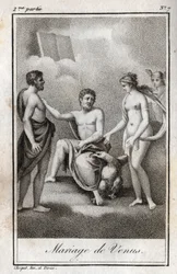 Äktenskap mellan Mars och Venus. Gravyr från 1819 i "Lettres a Emilie sur la mythologie" av Charles Albert Demoustier (1760-1801). Privat samling.