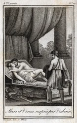 Mars och Venus upptäcktes av Vulcan. "Mars och Venus upptäcktes av Vulcan". Gravyr från 1819 i "Lettres a Emilie sur la mythologie" av Charles Albert Demoustier (1760-1801). Privat samling.