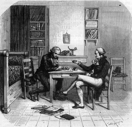 Maximilien de Robespierre 1758-1794, fransk politiker, ledamot av kommittén för allmän säkerhet med Maurice Duplay i hans rum - Chambre de Maximilien de Robespierre chez Maurice Duplay (1736-1820) rue Saint-Honore a Paris - Gravyr i "Histoire des Gi