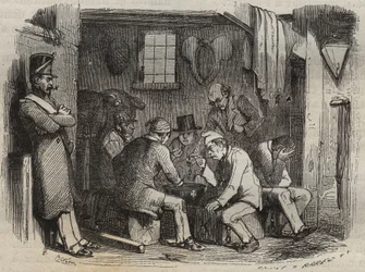 Måltid för de dömda i Rochefort-fängelset på 1800-talet. Gravyr i "Fångarnas historia från deras skapelse till idag" (1877) av Pierre Zaccone (1817-1895) (Colonia Penale - Straffkoloni). Privat samling.