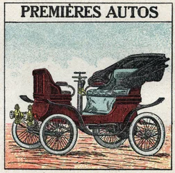 Mekanisk dragkraft: de första bensinbilarna som uppfanns 1895 av Panhard och Levassor. Anonym illustration från 1925. Privat samling.