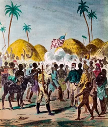 Möte av journalisten Henry Morton Stanley (1841-1904) och David Livingstone (1813-1873), brittisk läkare och upptäcktsresande, 1871-11-10 i Tanzania. Gravyr av 1800-talets Privatsamling