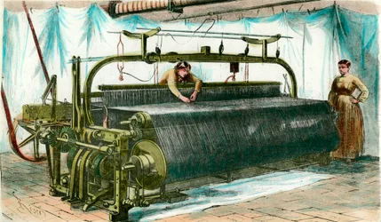 Metier för mekanisk vävning i en stor fabrik. Gravyr runt 1860.