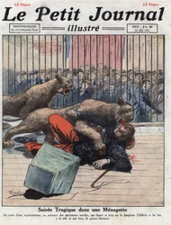 Övrigt: en olycka under en show i ett menageri, en lejoninna skadar tamaren allvarligt. Illustration hämtad från "" Le petit journal"" från 1921-05-15 Samling privee