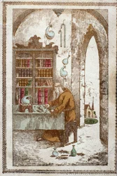 Munk förbereder växter för destillation. 1800-talsgravyr.