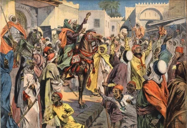 Mouley Hafid (Moulay-Hafid) proklamerar Sultan till Fez: de offentliga roparna tillkännager proklamationen för folkmassan. Gravyr från tidningen "" Le Petite Parisien"", 1908-01-26. Privat samling.