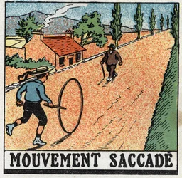 Rörelser: ryckande rörelse. Ett barn som leker med en båge. Anonym illustration från 1925. Privat samling.