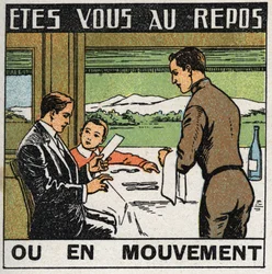 Rörelser: scen i restaurangen på ett tåg där passagerare inte rör sig när tåget rör sig framåt. Anonym illustration från 1925. Privat samling.