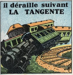 Rörelser: tangent. Tåg urspårning. Anonym illustration från 1925. Privat samling.