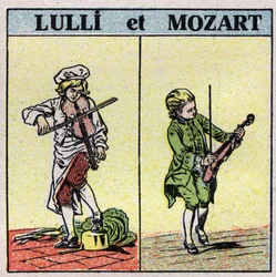 Musikinstrument: gnidade stränginstrument. Jean Baptiste Lully (Giovanni Battista Lulli) (1632-1687) och Wolfang Amadeus Mozart (1756-1791) spelar fiol. Anonym illustration från 1925. Privat samling.