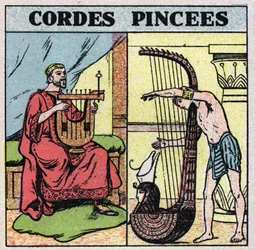 Musikinstrument: stränginstrument fastklämda. Lyra- och harpspelare i Antiquite. Anonym illustration från 1925. Privat samling.
