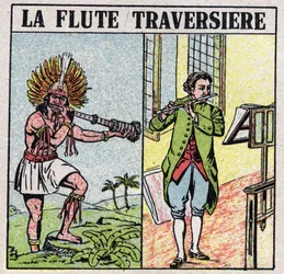Musikinstrument: blåsinstrument. Tvärflöjtspelare, på Inkas tid och har en nyare era. Anonym illustration från 1925. Privat samling.
