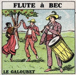 Musikinstrument: blåsinstrument. Galubetspelare (flöjt en näbb). Anonym illustration från 1925. Privat samling.