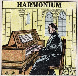 Musikinstrument: blåsinstrument vid höften. Harmoniumspelare i en kyrka. Anonym illustration från 1925. Privat samling.