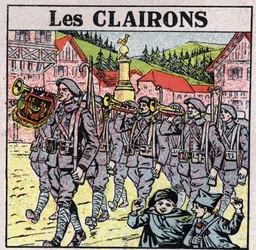 Musikinstrument: blåsinstrument med burkmun. Bugle spelare under en militär körning. Anonym illustration från 1925. Privat samling.