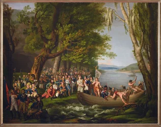 Napoleon korsar Styx et rejoint les heros de la Grande Armee - Napoleon korsar Styx och ansluter sig till Heroes of the Grande Armee, som dog för Frankrike, Anonym . Olja på duk. Mått: 64x79 cm. Privat samling