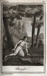 Narcisse överväger sin reflektion (Narciso) Gravyr från 1819 i "Lettres a Emilie sur la mythologie"" av Charles Albert Demoustier (1760-1801). Privat samling.