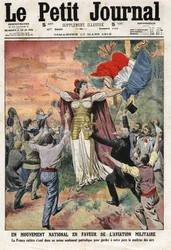 Nationell rörelse för militärflyget: hela Frankrike förenas i en gemensam patriotisk känsla för att vårt land ska behålla kontrollen över luftrummet. Gravyr i "Le Petit Journal" den 10/03/1912. Privat samling.