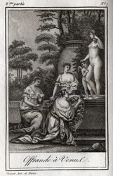 Erbjudande till Venus. Små kärlekar (angelots) samlas för att hylla gudinnan Afrodite. Gravyr från 1819 i "Lettres a Emilie sur la mythologie" av Charles Albert Demoustier (1760-1801). Privat samling.