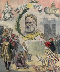 En av "Le petit journal"" som hyllar den franske poeten och författaren Victor Hugo (1802-1885) på hundraårsdagen av hans födelse. Karaktärerna i hans romaner är representerade (Esmeralda, Quasimodo, Cosette). 1902-03-02 Privat samling