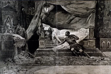 Otello tar livet av sig nära kroppen av Desdemona. Illustration av den sista scenen i Otello, opera av Giuseppe Verdi