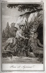 Pan och nymfen Syrinx förvandlades till vass (Pan och Nymph Syrinx). Gravyr från 1819 i "Lettres a Emilie sur la mythologie" av Charles Albert Demoustier (1760-1801). Privat samling.