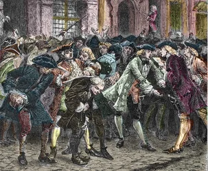 Paris IV arrondissement - Rue Quincampoix 1720 under John Laws system (1671 - 1729) - "" Uppståndelsen på rue Quincampoix"" (konkurs orsakad av Law) - Utsikt över rue Quincampoix med spekulanterna vid tiden för John Laws system,