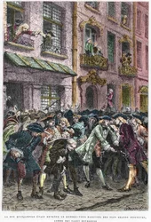 Paris IV arrondissement - Rue Quincampoix 1720 under John Laws system (1671 - 1729) - "" Uppståndelsen på rue Quincampoix"" (konkurs orsakad av Law) - Utsikt över rue Quincampoix med spekulanterna vid tiden för John Laws system,