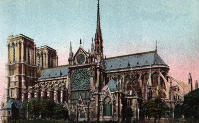 Paris: yttre vy av Cathedrale Notre Dame (Notre-Dame), södra sidan. Gotisk arkitektur. Fotografi från 1920 i "" Artistic Album"" av staden Paris. Privat samling.