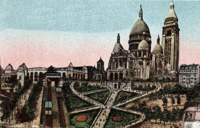 Paris: bergbana och basilikan Sacre Coeur (Sacre-Coeur) på Butte Montmartre. Fotografi från 1920 i "" Artistic Album"" av staden Paris. Privat samling.