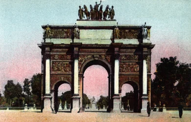 Paris: utsikt över Triumfbågen du Carrousel realiserad av Pierre Francois Leonard Fontaine (1762-1853) och Charles Percier (1764-1838) 1809. Fotografi från 1920 i "" Artistic Album"" av staden Paris. Privat samling.