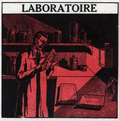 Fotografering: en fotograf i sitt laboratorium för att framkalla bilder. Anonym illustration från 1925. Privat samling.