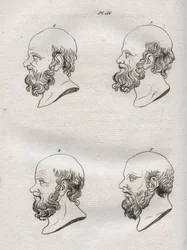 Physiognomy - Physiognomony - Flera huvuden för den grekiske filosofen Sokrates (ca 469 f.Kr.-399 f.Kr.) (Byst av Sokrates (ca 469 f.Kr.-399 f.Kr.), atensk filosof) gravyr från 1808 i "Konsten att känna människor genom fysiognomi" Johann Gaspar (Gaspard) L