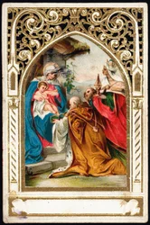 Fromma bild: "" Adoration of the Magi"" Dentelee-kort. Kromolitografi från början av 1900-talets privatsamling