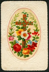 Fromma bild: Kors med blommor (kromolitografi)