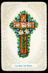 Fromma bild: Kors med blommor (kromolitografi)